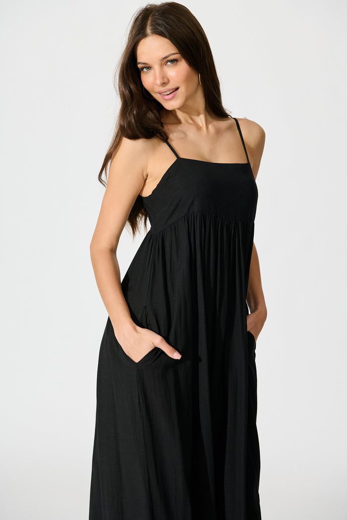 Talowe Maxi Sundress in Black Linen Blend front