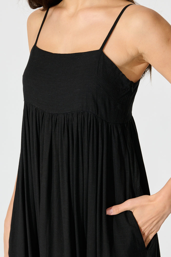 Talowe Maxi Sundress in Black Linen Blend detail