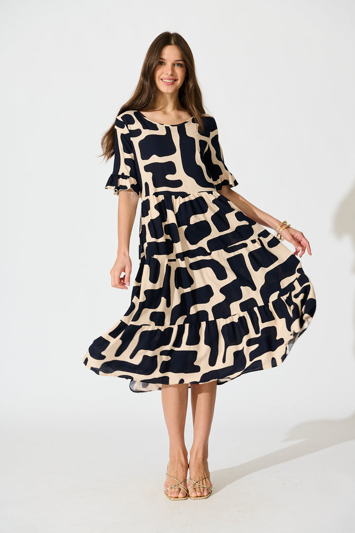 Tarah Midi Smock Dress in Black and Beige Geometric Print full length