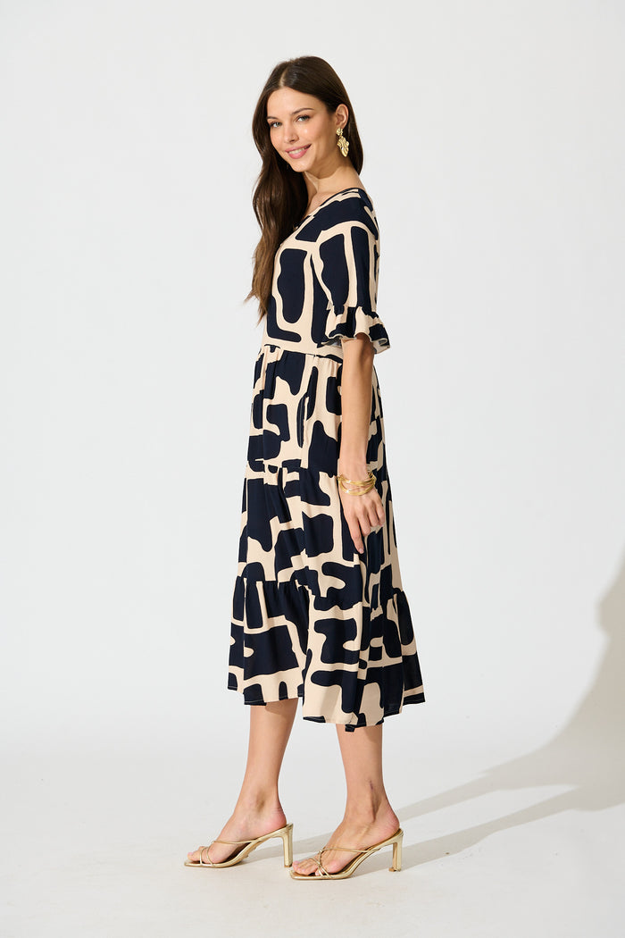 Tarah Midi Smock Dress in Black and Beige Geometric Print side