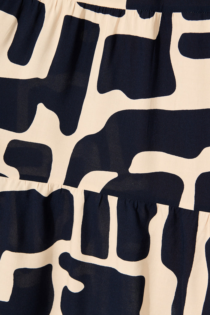 Tarah Midi Smock Dress in Black and Beige Geometric Print fabric