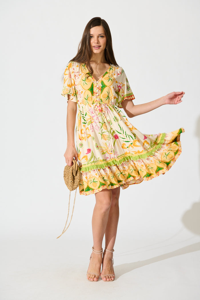 Tiley Dress in Beige with Multi Floral Print full length