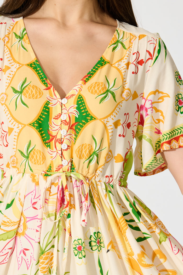 Tiley Dress in Beige with Multi Floral Print detail