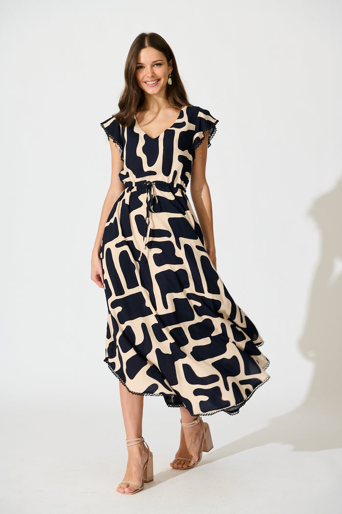 Atana Midi Dress in Black and Beige Geometric Print full length
