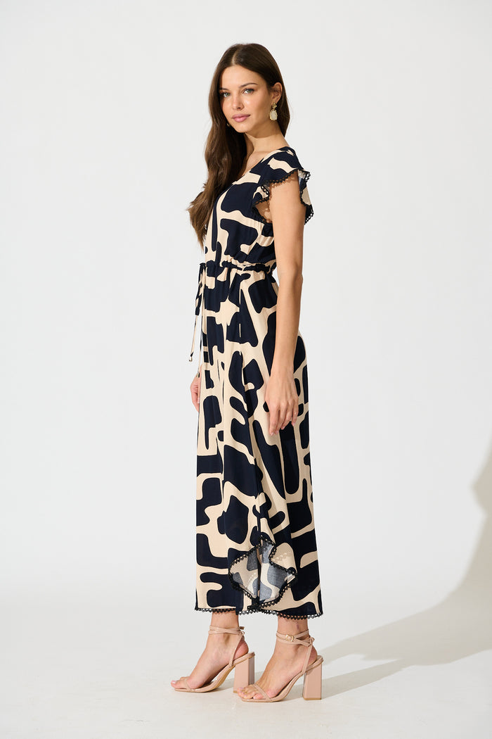 Atana Midi Dress in Black and Beige Geometric Print side