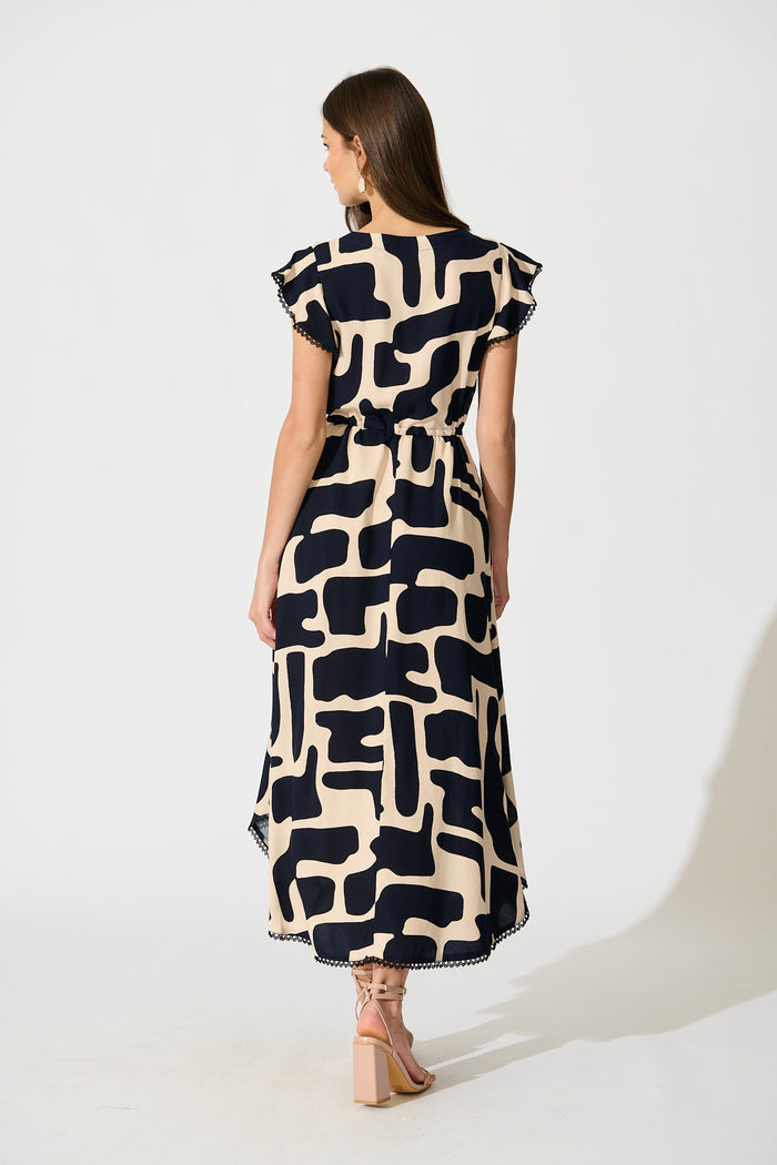 Atana Midi Dress in Black and Beige Geometric Print back