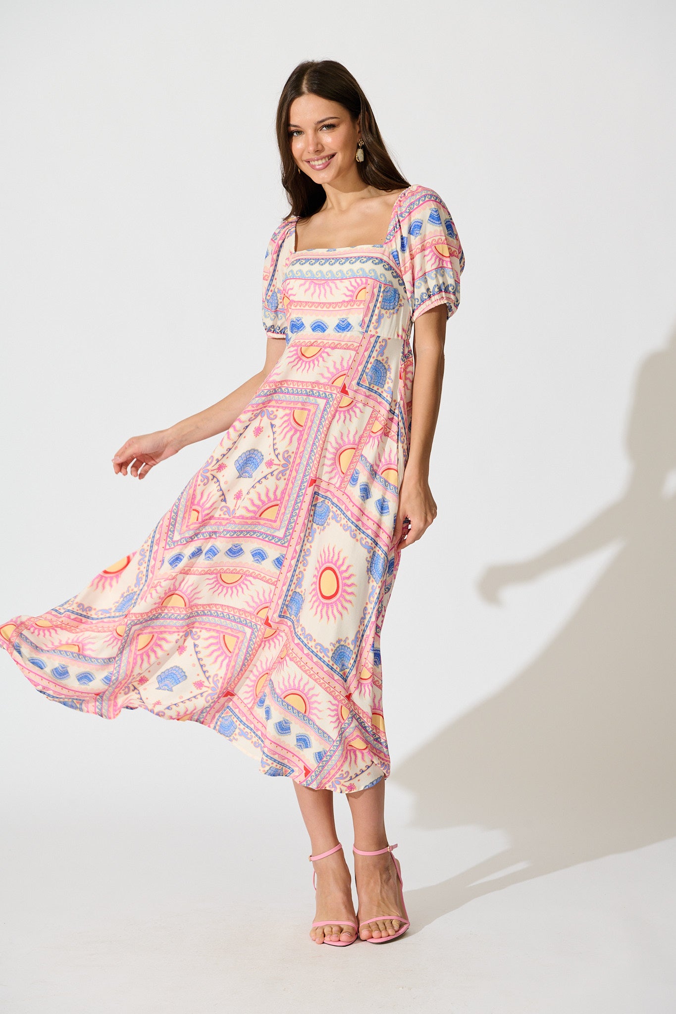 Ciniza Maxi Dress in Pink Tile Print full length