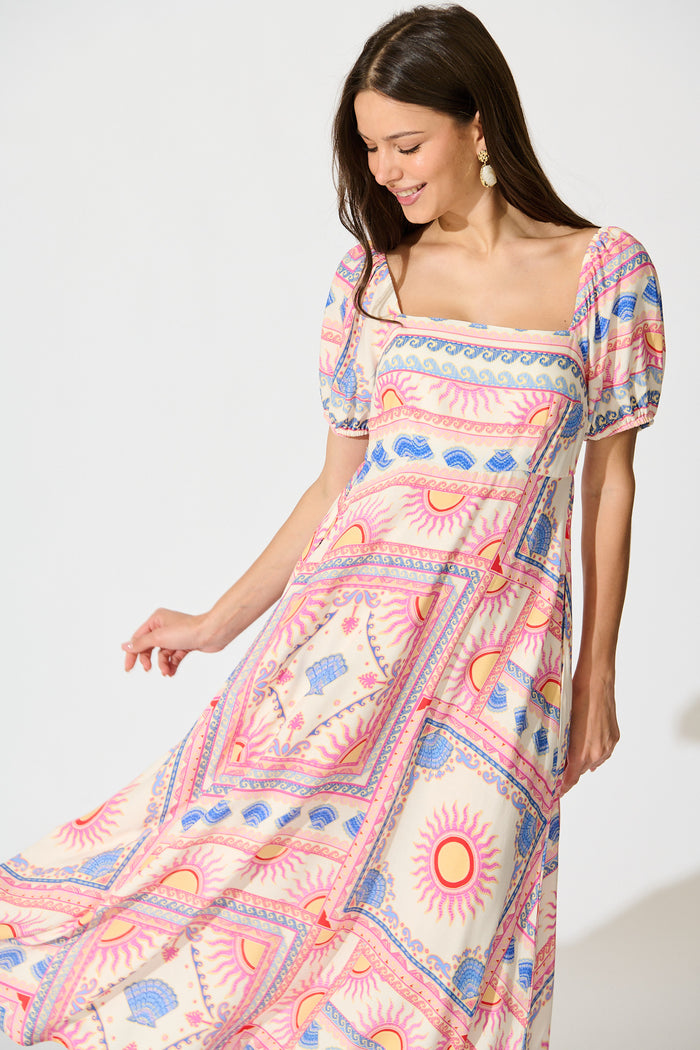 Ciniza Maxi Dress in Pink Tile Print front