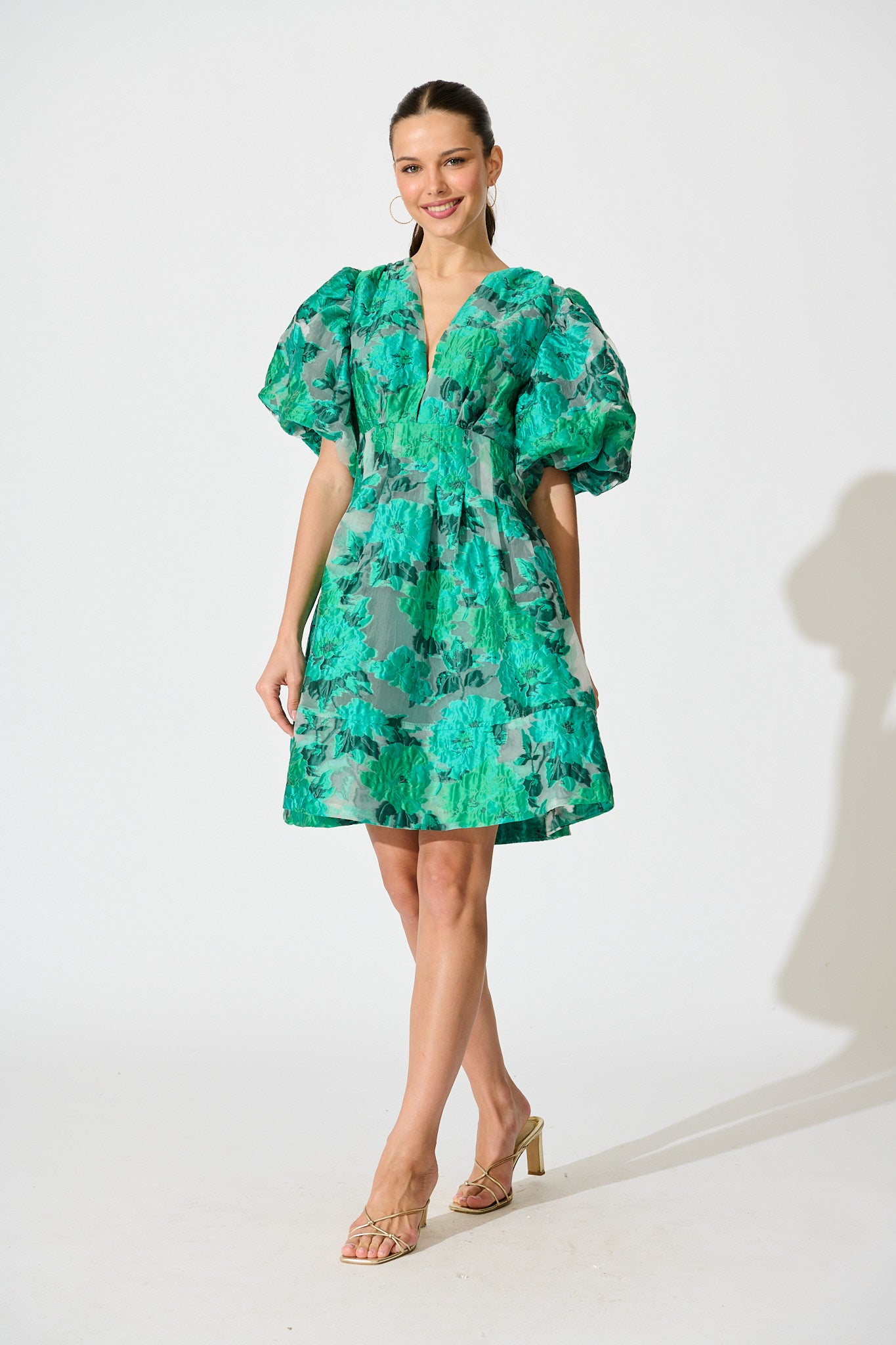 Paris Dreamer Dress in In Jade Green Organza Jacquard full length