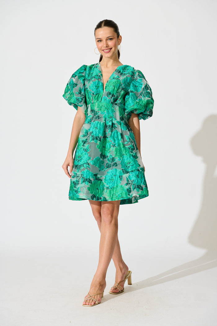 Paris Dreamer Dress in In Jade Green Organza Jacquard full length