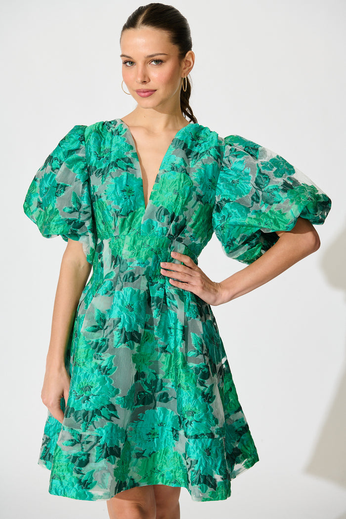 Paris Dreamer Dress in In Jade Green Organza Jacquard front