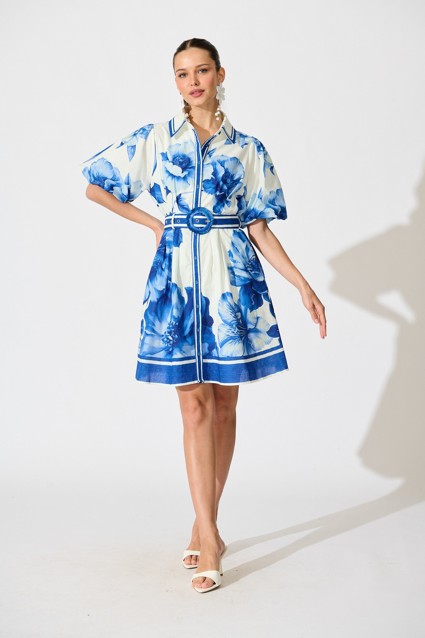 Nylen Shirt Dress in Blue Floral Border Print Cotton full length