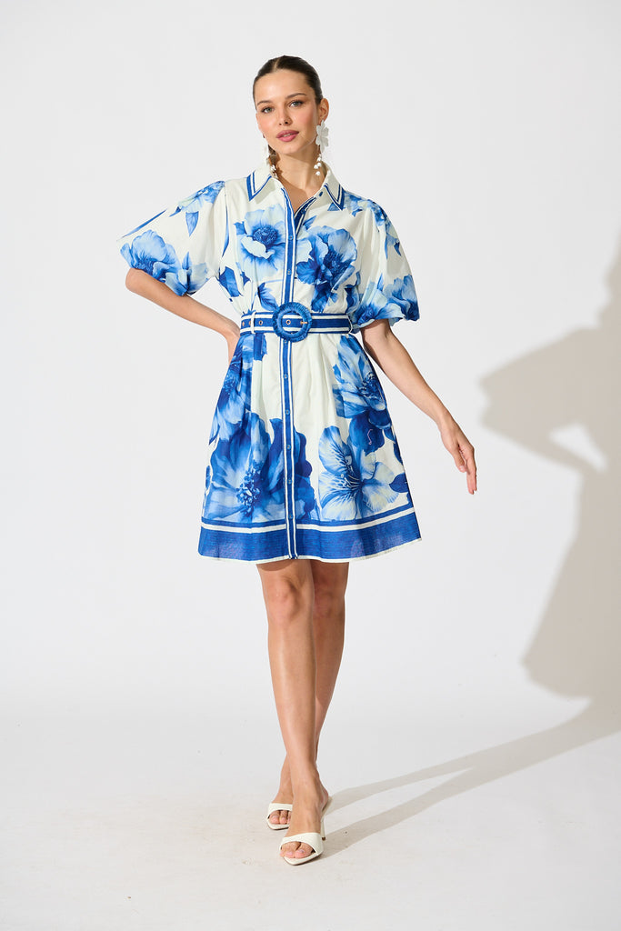 Nylen Shirt Dress in Blue Floral Border Print Cotton full length
