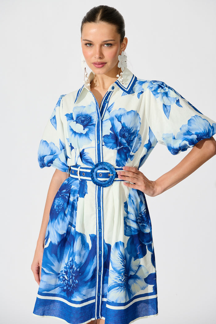 Nylen Shirt Dress in Blue Floral Border Print Cotton front