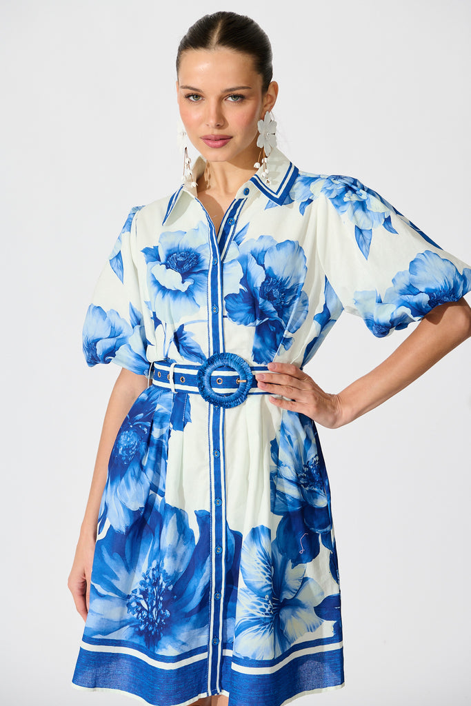 Nylen Shirt Dress in Blue Floral Border Print Cotton front