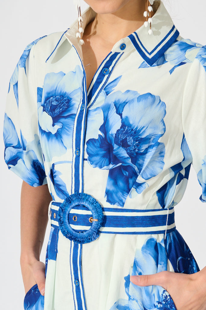 Nylen Shirt Dress in Blue Floral Border Print Cotton detail