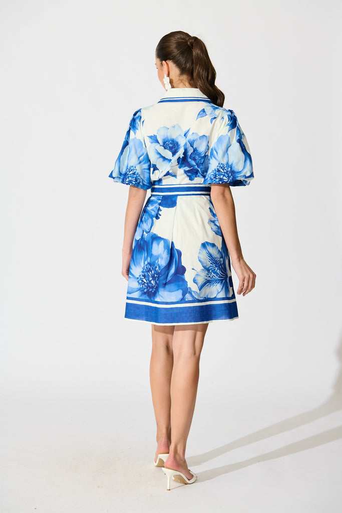 Nylen Shirt Dress in Blue Floral Border Print Cotton back