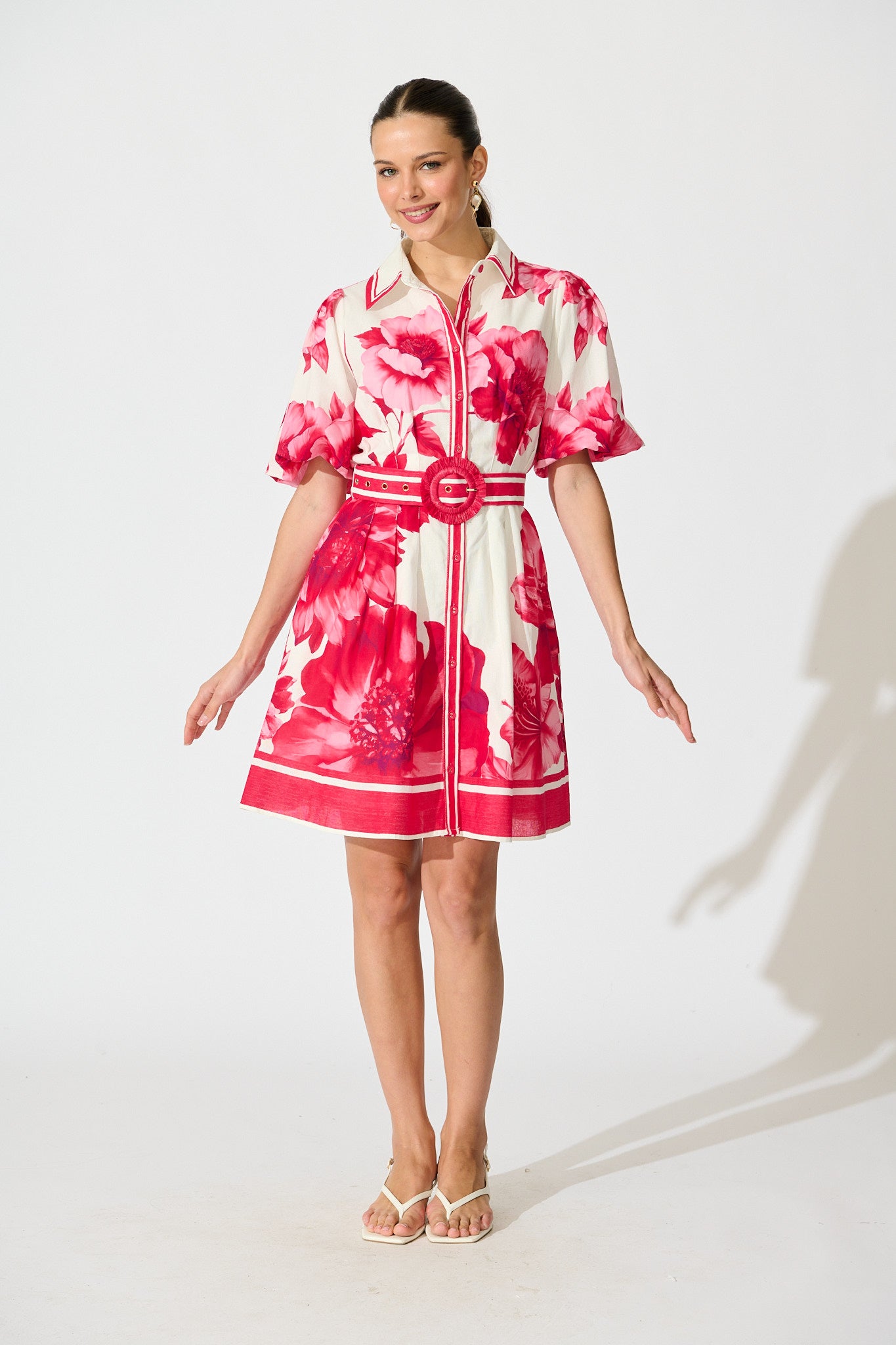 Nylen Shirt Dress In Pink Floral Border Print Cotton full length