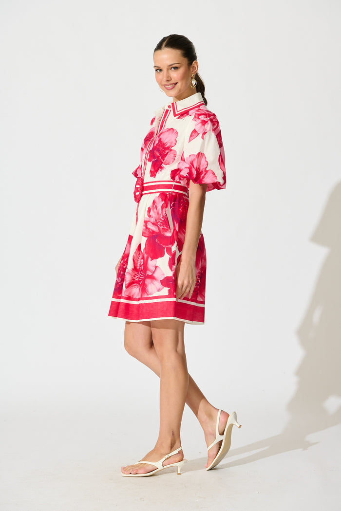 Nylen Shirt Dress In Pink Floral Border Print Cotton side