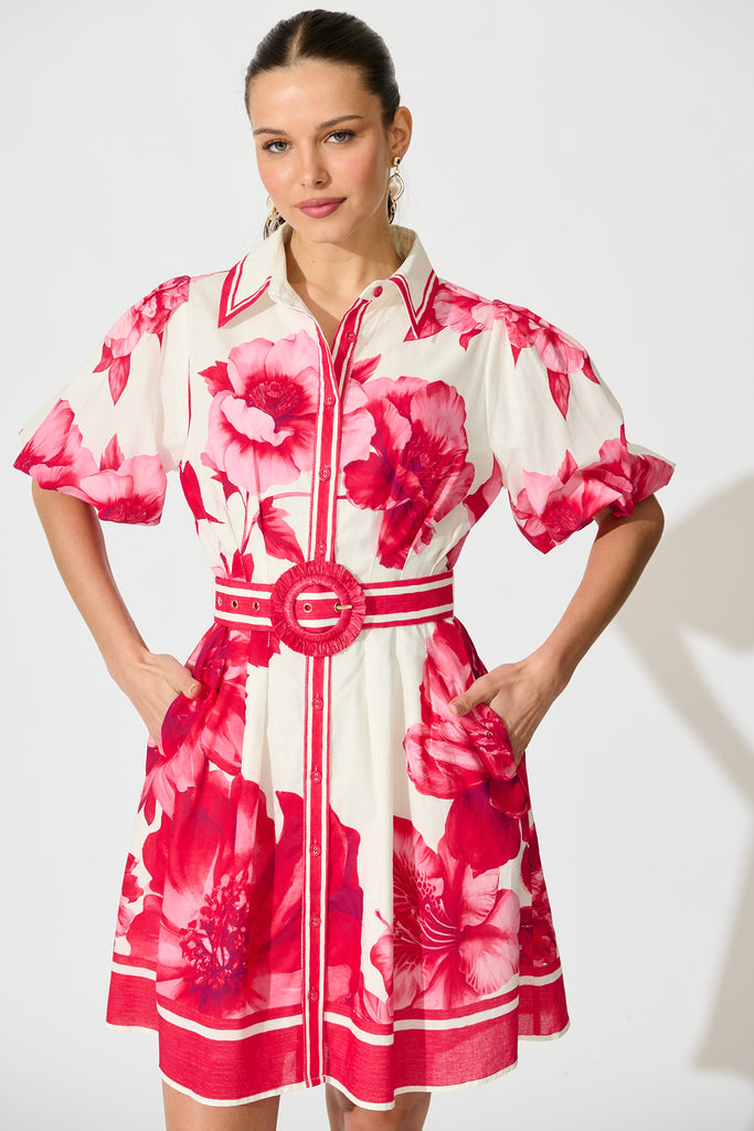 Nylen Shirt Dress In Pink Floral Border Print Cotton front