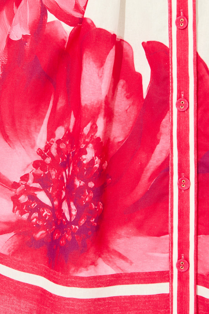 Nylen Shirt Dress In Pink Floral Border Print Cotton fabric