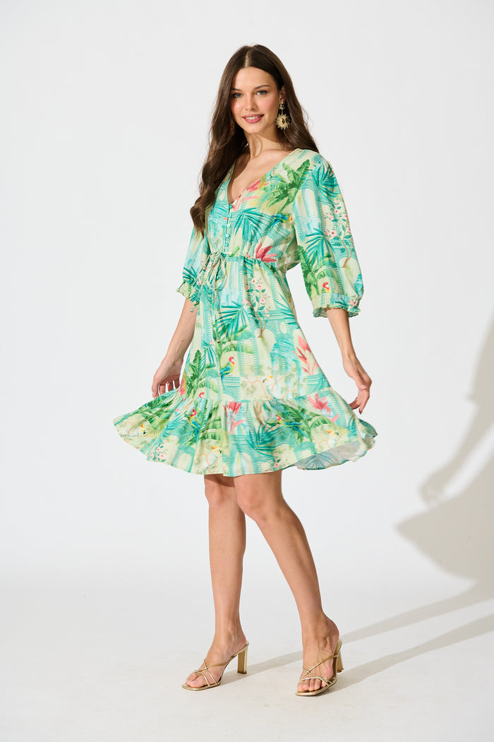 Ebbe Dress in Green Multi Patchwork Print full length