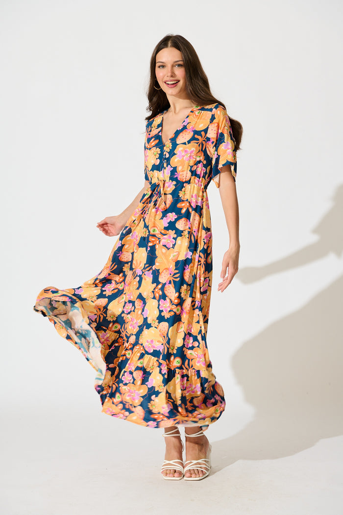 Silhariah Maxi Dress in Navy with Tangarine Floral full length