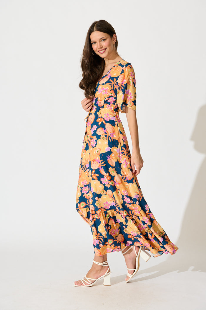 Silhariah Maxi Dress in Navy with Tangarine Floral side