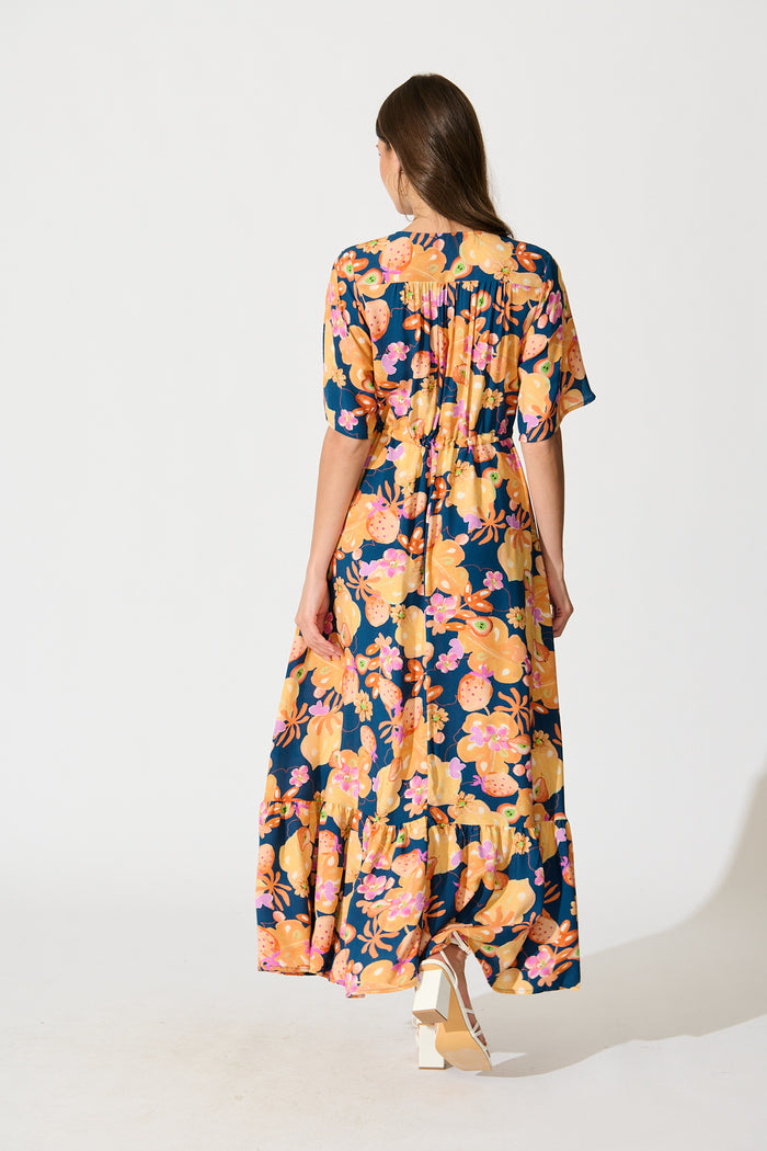 Silhariah Maxi Dress in Navy with Tangarine Floral back