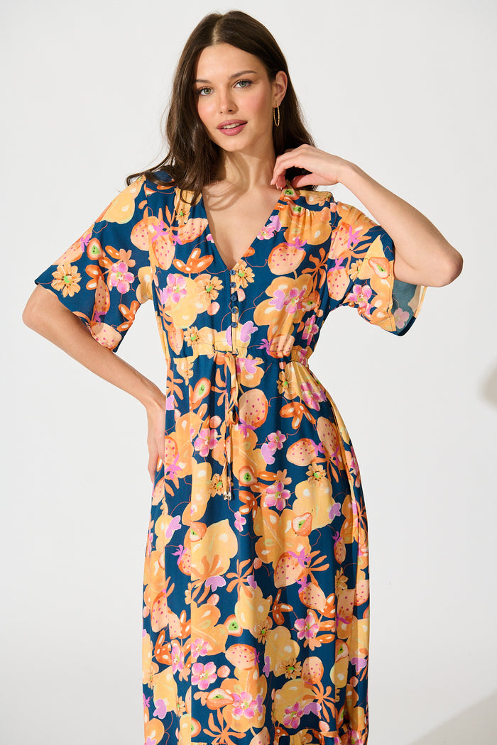 Silhariah Maxi Dress in Navy with Tangarine Floral front