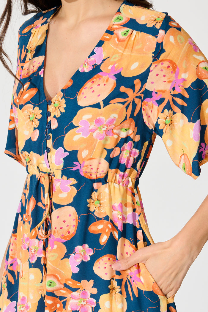 Silhariah Maxi Dress in Navy with Tangarine Floral detail