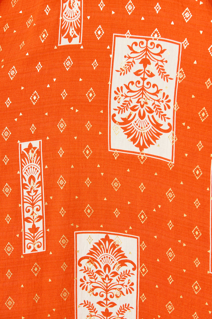 Fayda Maxi Sundress in Orange with White Tile Linen Blend fabric