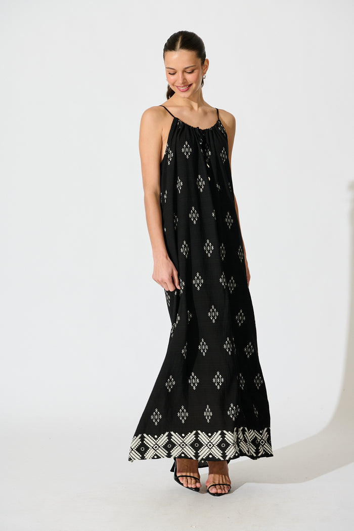 Tansy Maxi Dress in Black with White Linen Blend full length