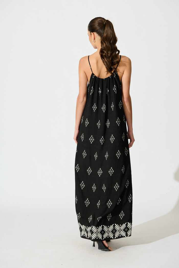Tansy Maxi Dress in Black with White Linen Blend back