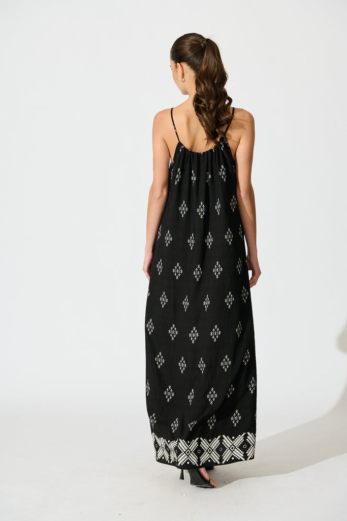 Tansy Maxi Dress in Black with White Linen Blend back