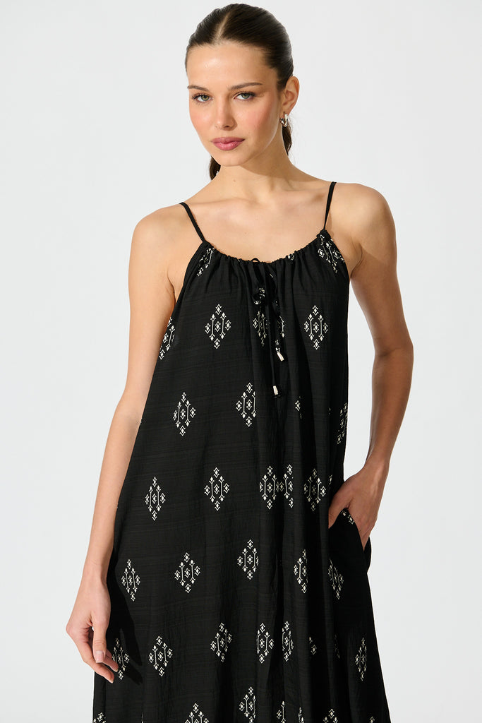 Tansy Maxi Dress in Black with White Linen Blend front