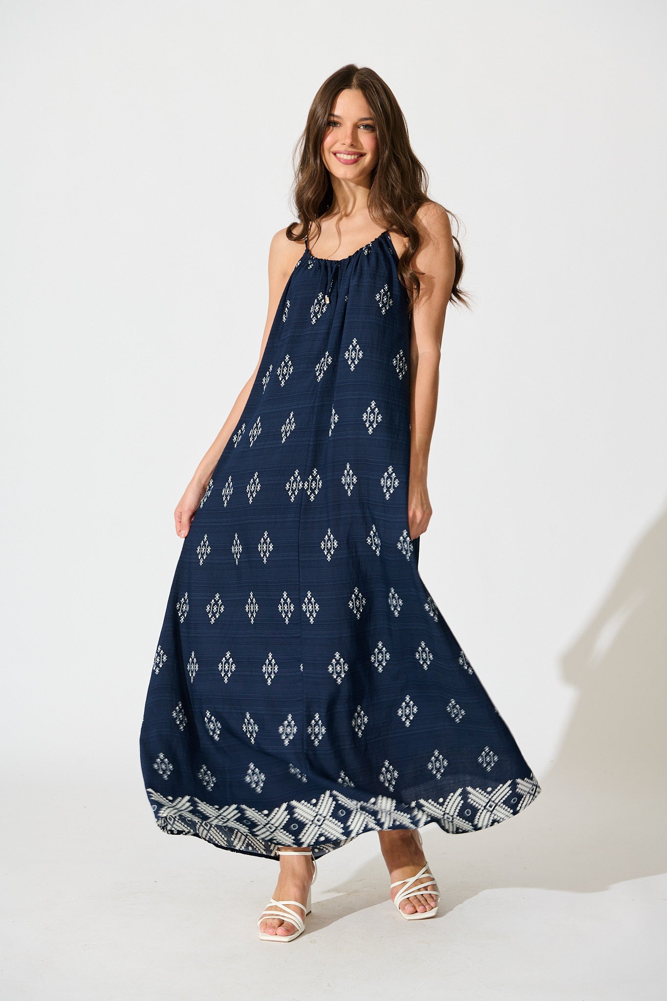 Tansy Maxi Dress in Navy with White Linen Blend full length