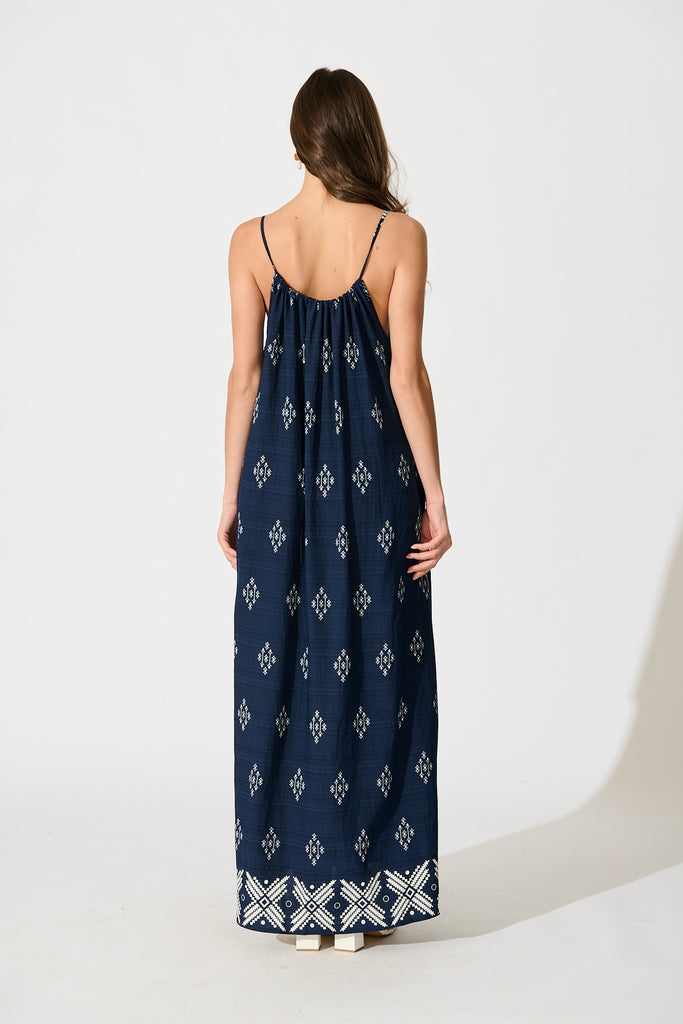 Tansy Maxi Dress in Navy with White Linen Blend back