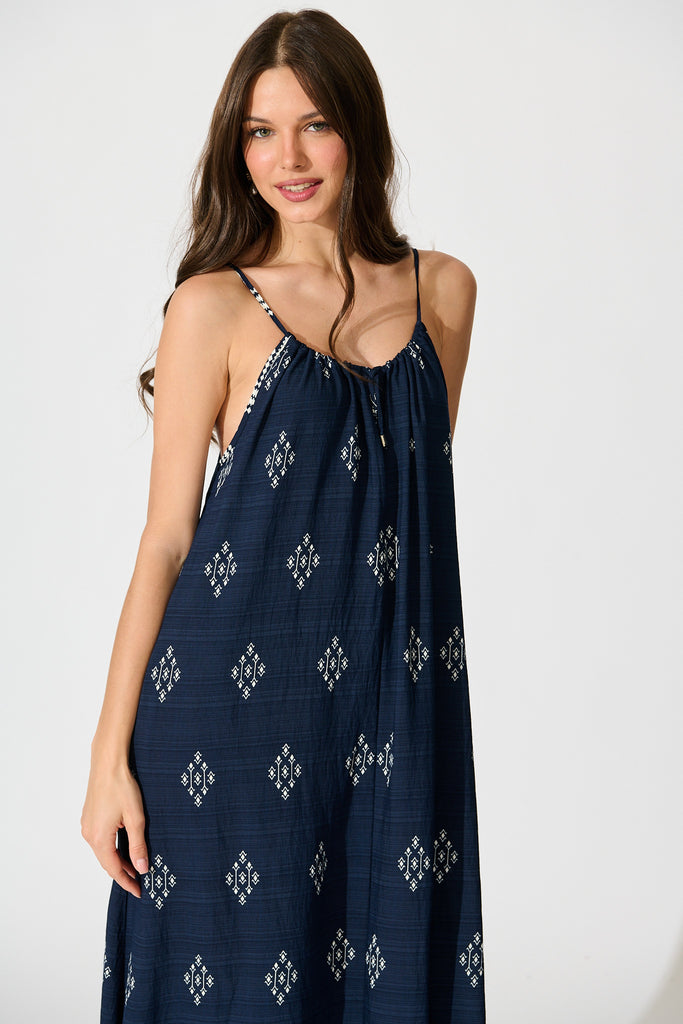 Tansy Maxi Dress in Navy with White Linen Blend front