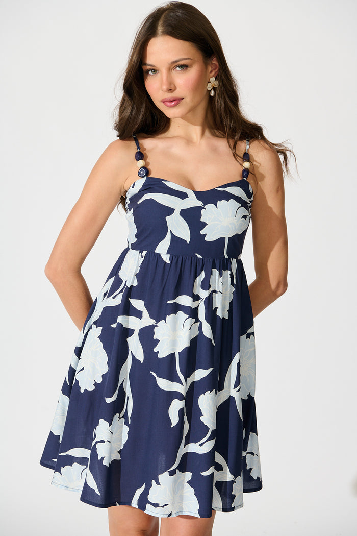 Petals & Dreams Sundress in Navy with Blue Floral front