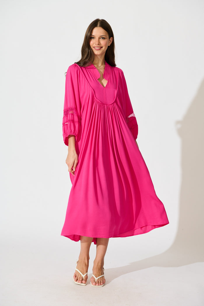Flore Midi Smock Dress in Pink full length