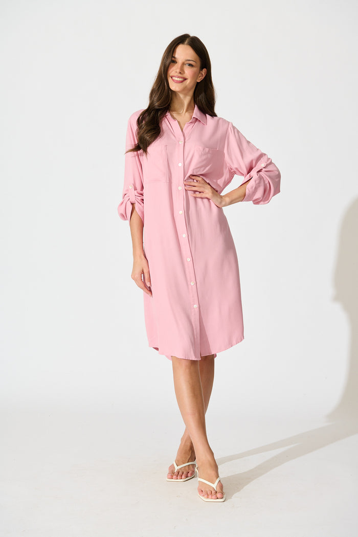 Silvena Midi Shirt Dress in Pink full length