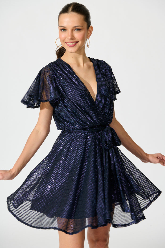 Amoretto Dress in Navy Sequin front