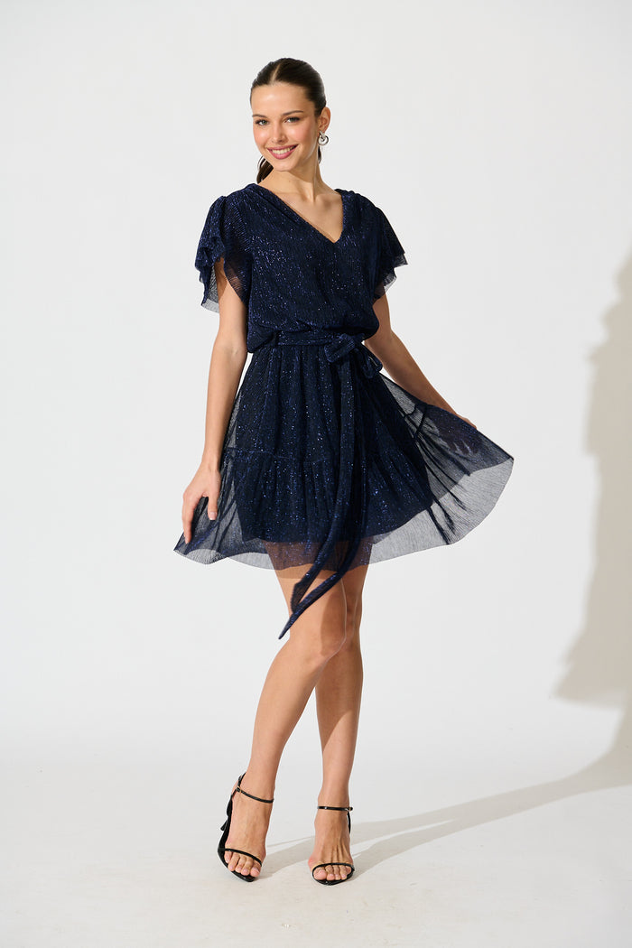 Glisten Dress in Navy Lurex Chiffon full length