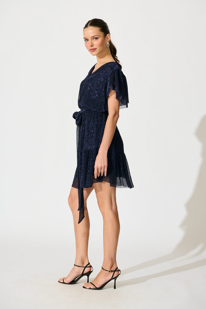 Glisten Dress in Navy Lurex Chiffon side