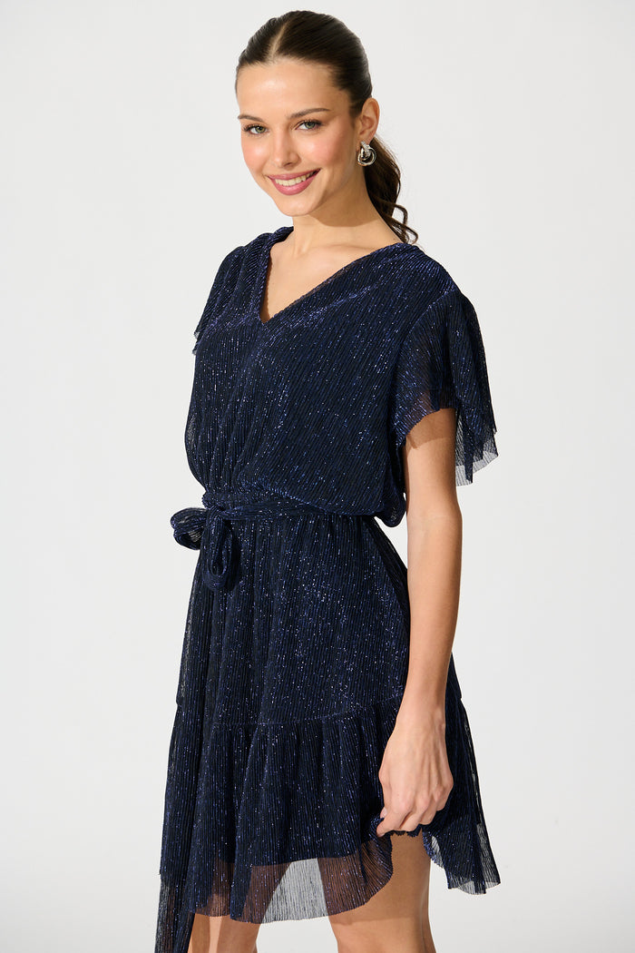 Glisten Dress in Navy Lurex Chiffon front