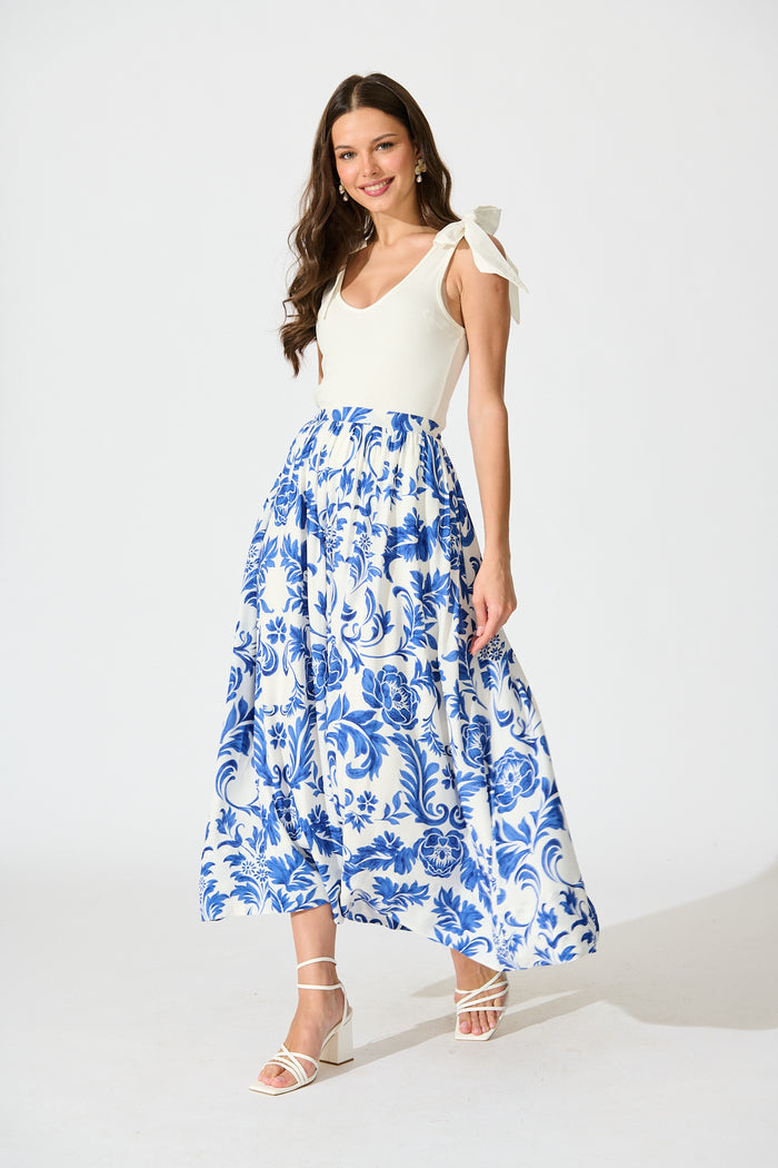 Dip and Dusk Maxi Skirt in White with Blue Floral full length