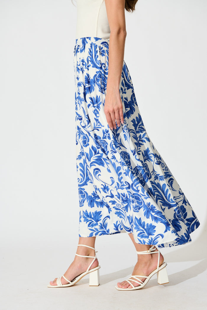 Dip and Dusk Maxi Skirt in White with Blue Floral side