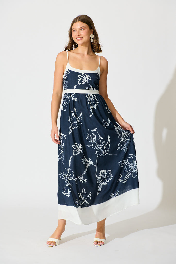 Harlan Maxi Sundress in Navy with White Floral Print full length