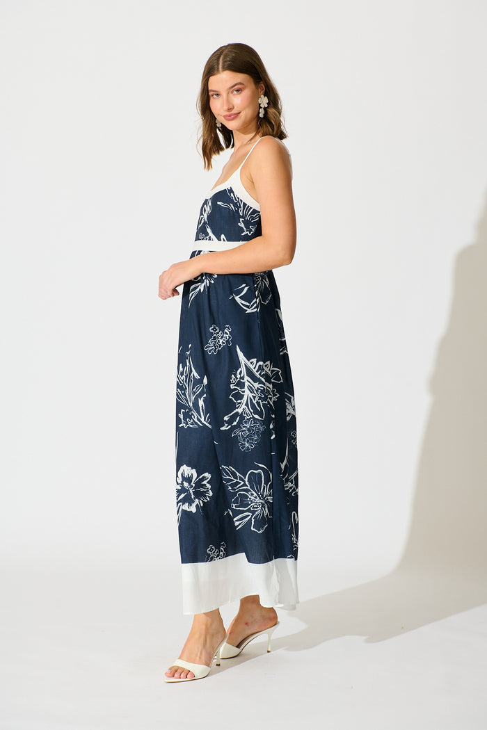 Harlan Maxi Sundress in Navy with White Floral Print side